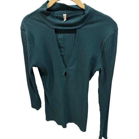 Free People Top Ribbed Keyhole Teal Green Long Sleeve Womens - Picture 2 of 4